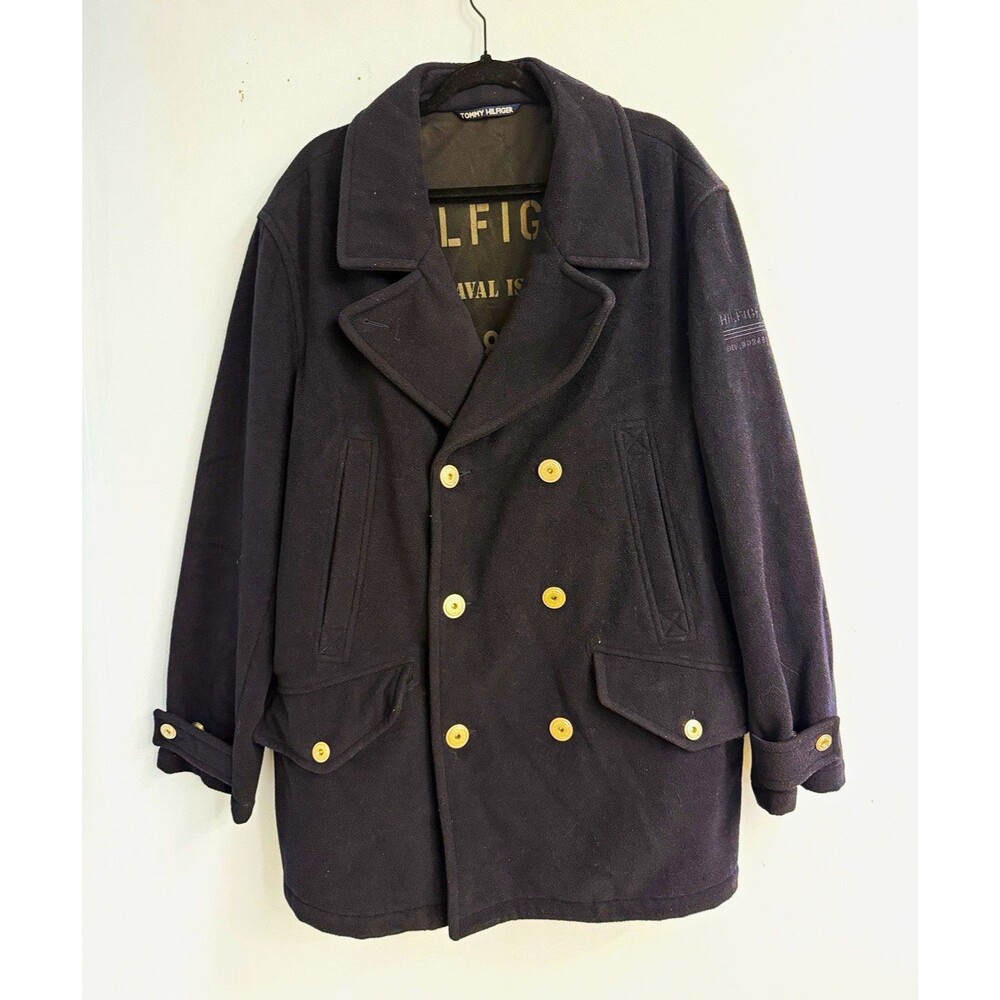 Tommy Hilfiger Men’s 2XL Naval Issue Black Wool Pea Coat Lined Button Pockets